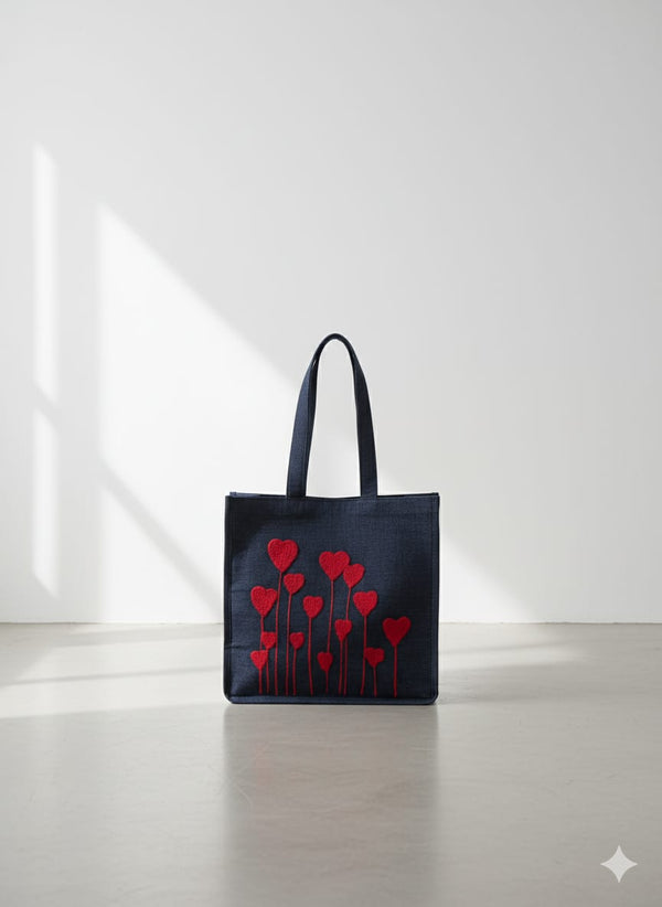 Embroidered Red Heart Denim Tote Bag