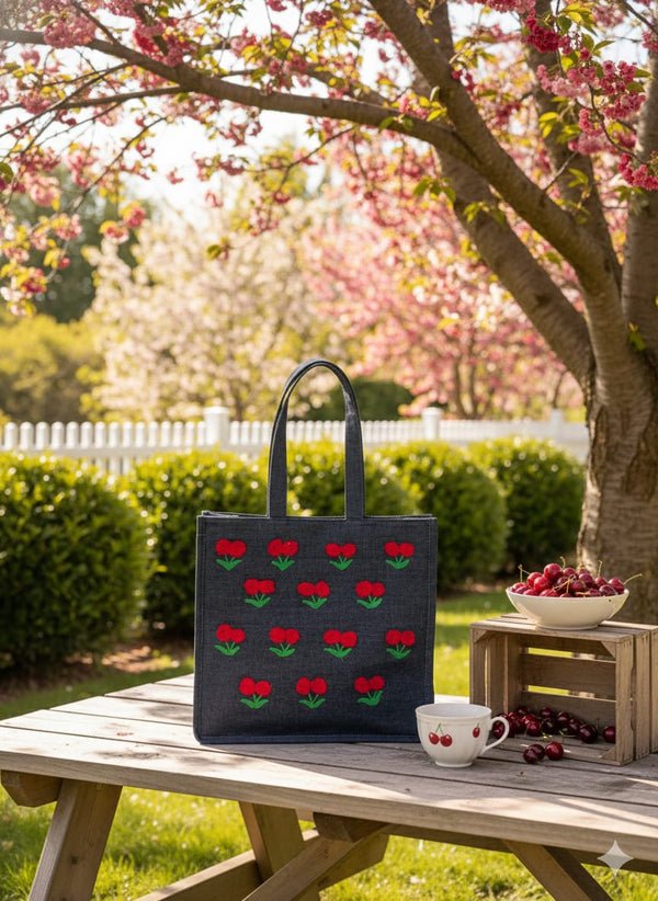Embroidered Rose Flower Denim Tote Bag