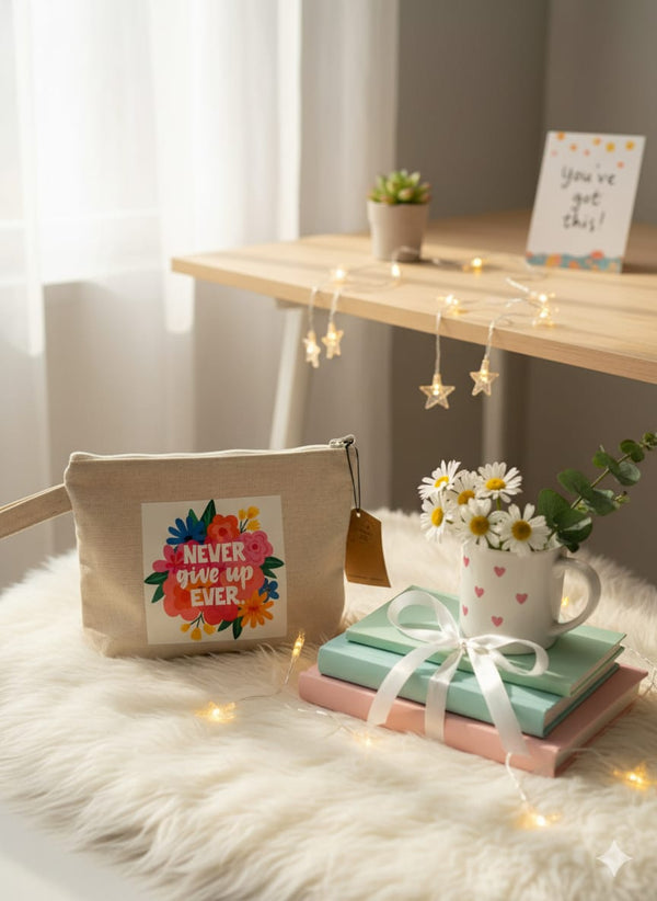 Never Give Up Ever  Motivational Canvas Pouch